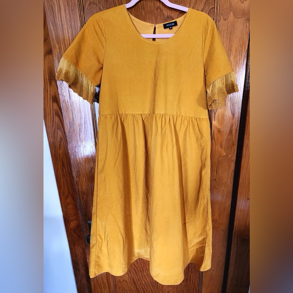 Roolee Mustard Corduroy Babydoll Dress with Lace-Trimmed Sleeves in Size Medium